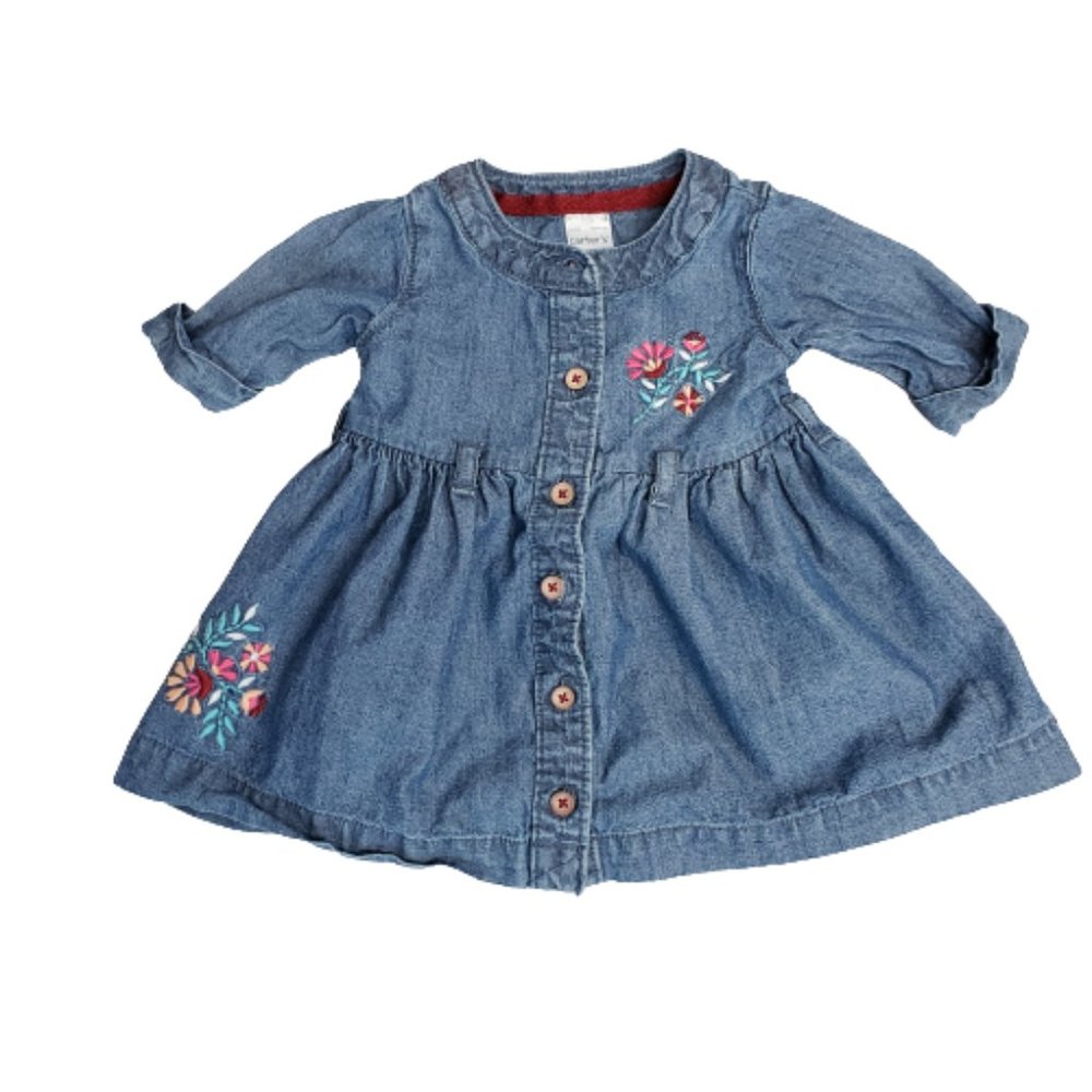 Carter's Denim Button Down Dress Floral Embroidery